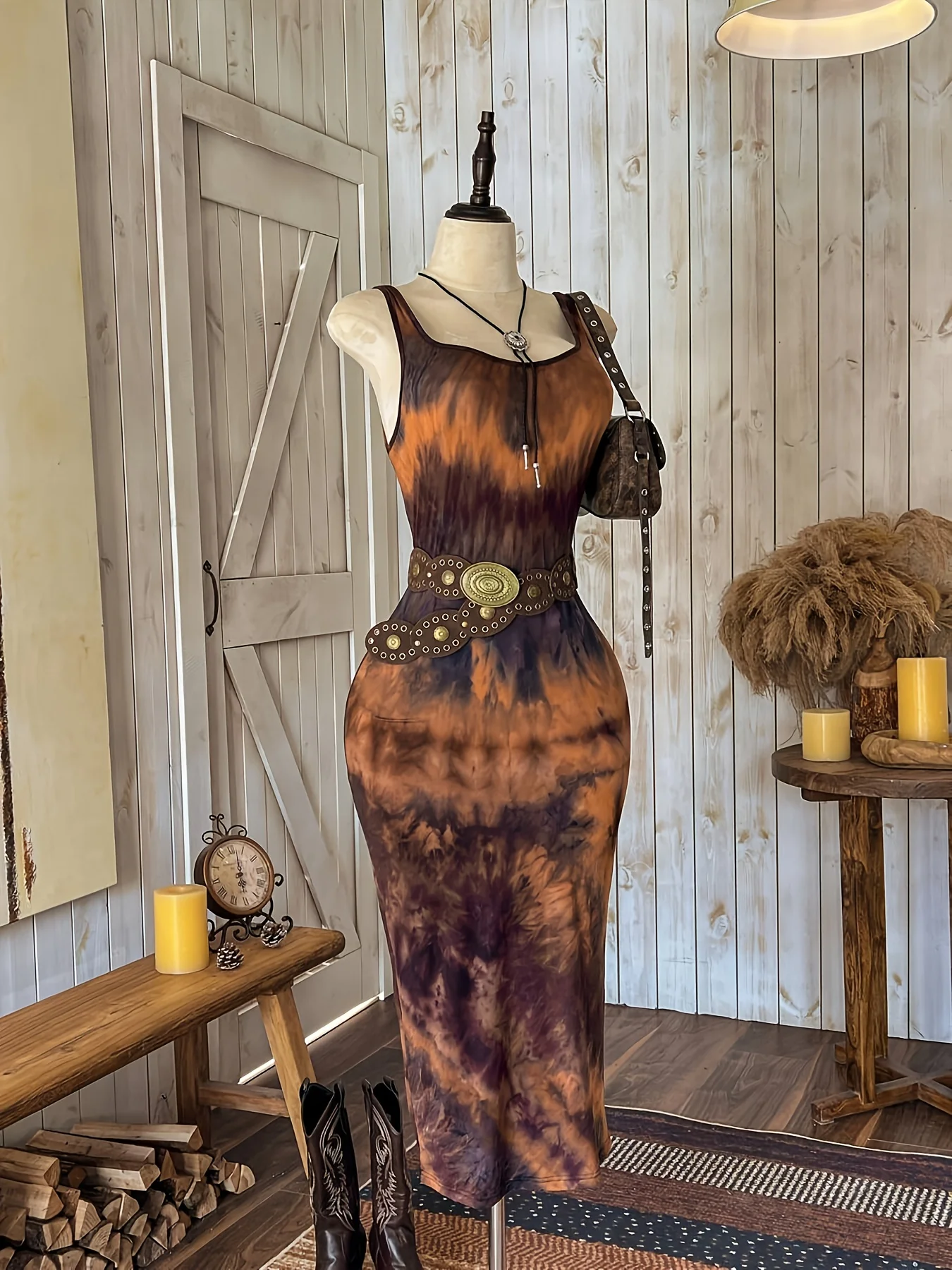 Western Tie-Dye Neckholder-Kleid Sexy Bodycon Midikleid Coastal Cowgirl Ästhetik Schlankmachendes Sommerkleid