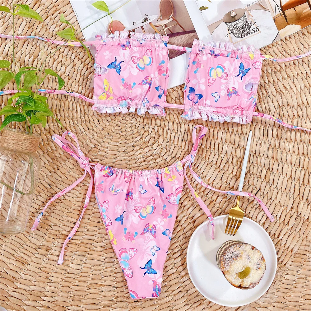 Butterfly Bikini Cute Pink Ruched Y2K Swimsuit String Lace Up Backless Vacation Swimwear Women Beach Outfit Bathing Suit Bikinis