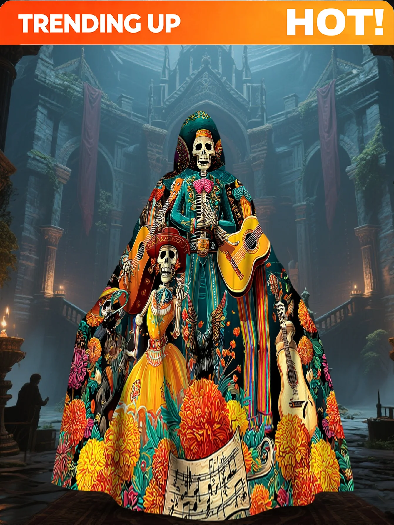 Customization 1pc Lianyaoshi Selection 2D Flat Printing Day Of The Dead Medieval-Style Hooded Cape Skull Music And Dance Festiva