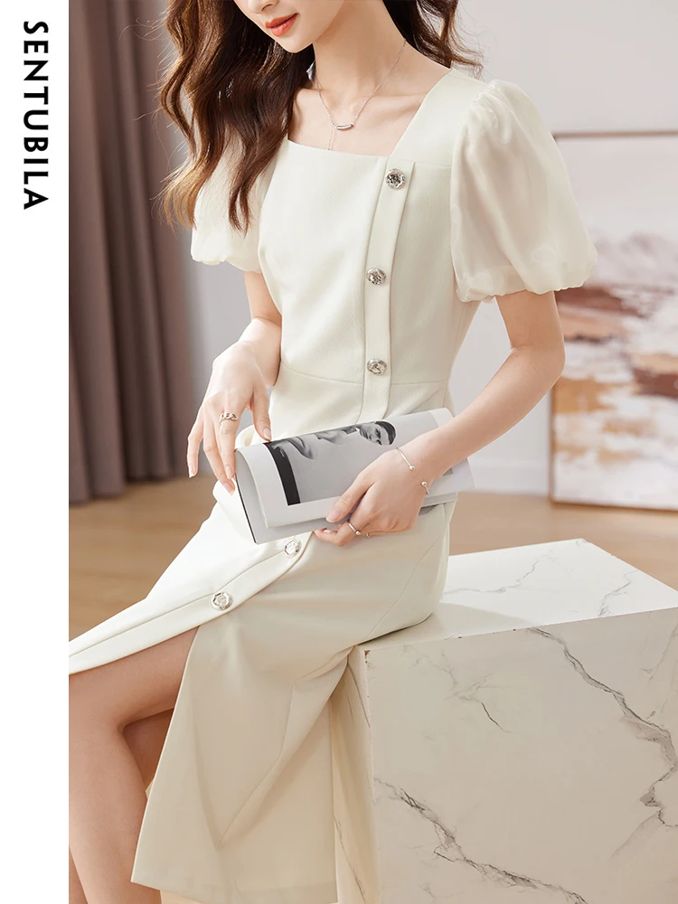 SENTUBILA Summer Formal Occasion Dresses for Women 2024 Chic and Elegant Single Breasted Split Puff Sleeve Slim Midi Dress