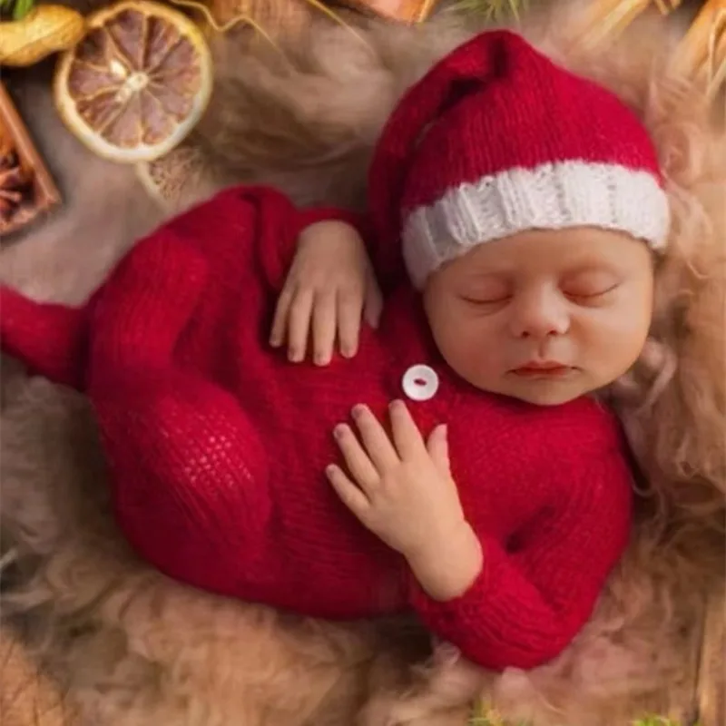 Newborn Photography Clothing Christmas Photo Shooting Red Mohair Footed Jumpsuit Long Tail Sleepy Hat Infant Photography Prop