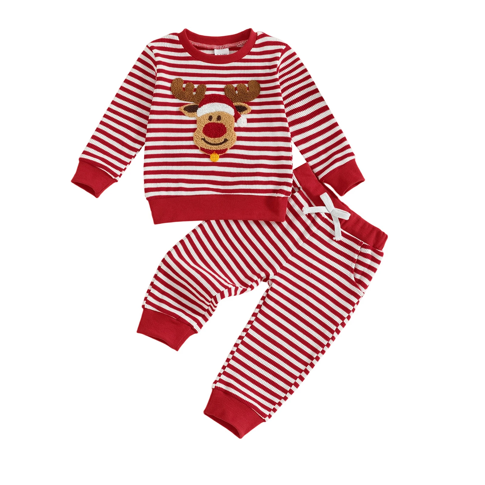 

Toddler Baby Striped Set Fashionable Long Sleeve Reindeer Embroidery Pullover with Pants 2 Pcs Christmas Outfit
