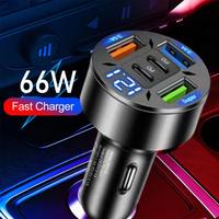 66W Digital Display Car Charger with 4 USB Ports, PD Fast Charging Adapter with Halo Light for Multi Device Charging
