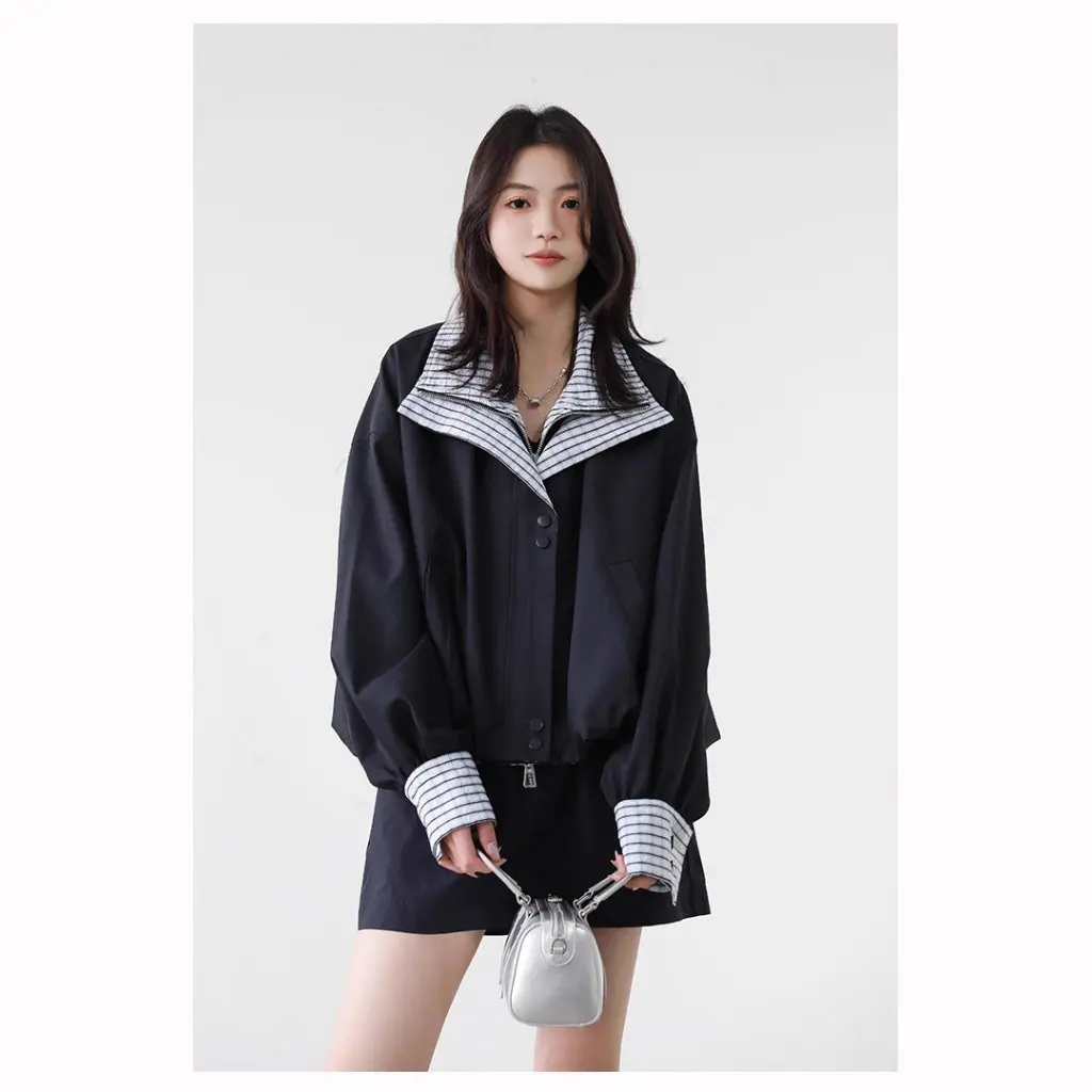 

American Retro Spring Bloom Coat Jacket Women Design Sense Patchwork Plaid Double Layer Collar Fake Two-Piece Short Outerwear