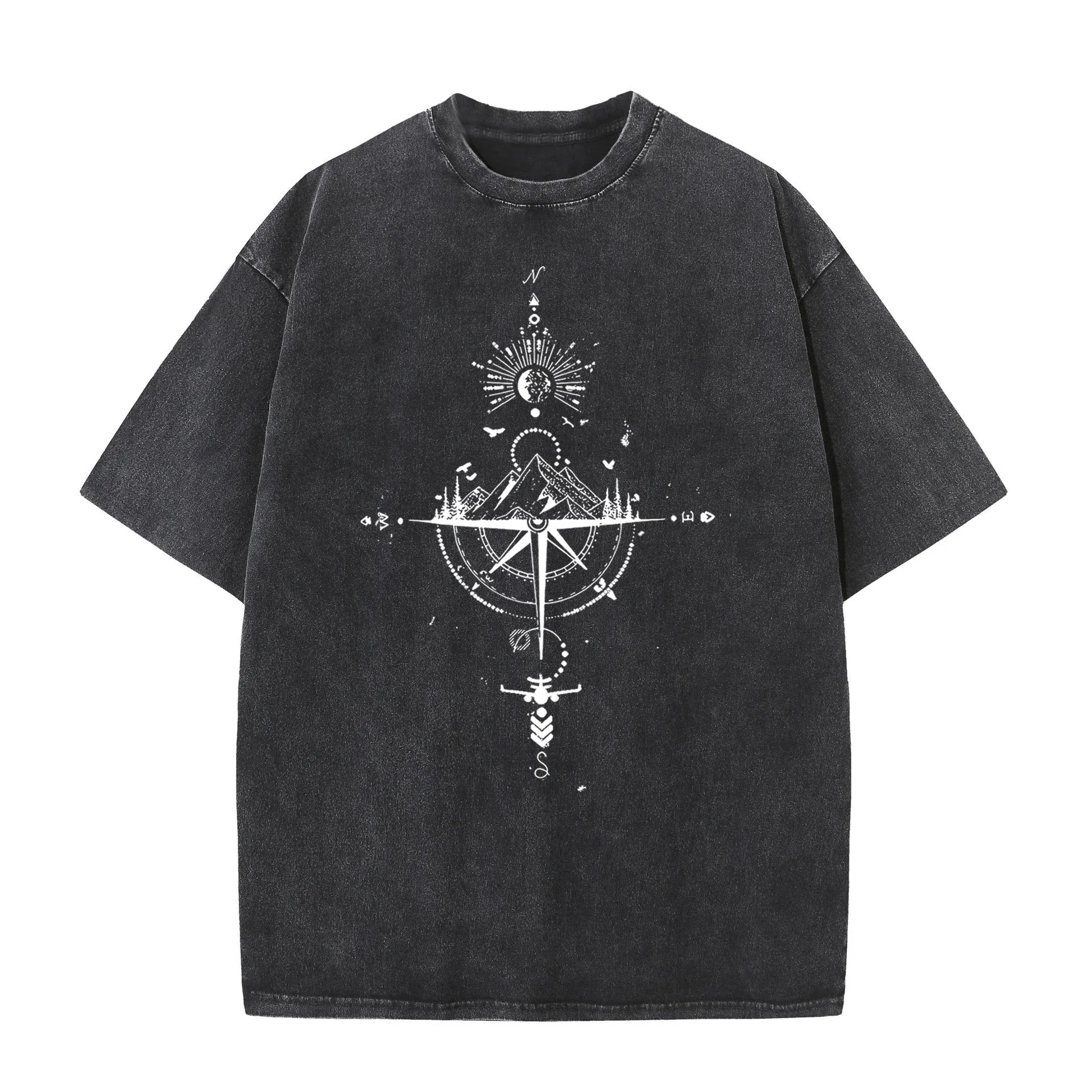 Amerikanisches Vintage Washed T-Shirt mit Kompass-Berg-Grafik, Streetwear Oversized Tee