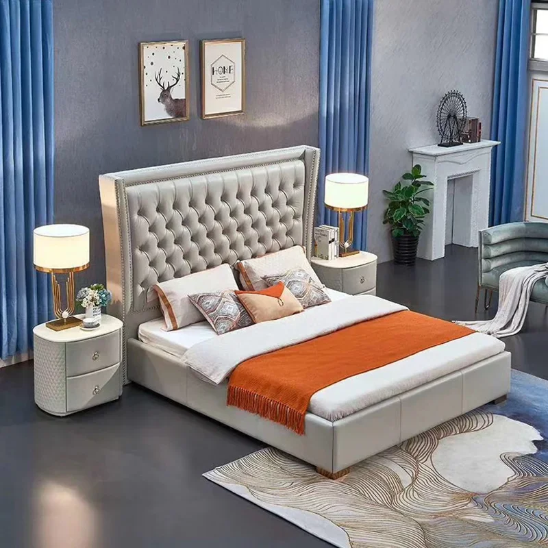 Luxury Bedroom Set European Style Simple Pull Button High Back Double Bed Modern Leather King Size Bed