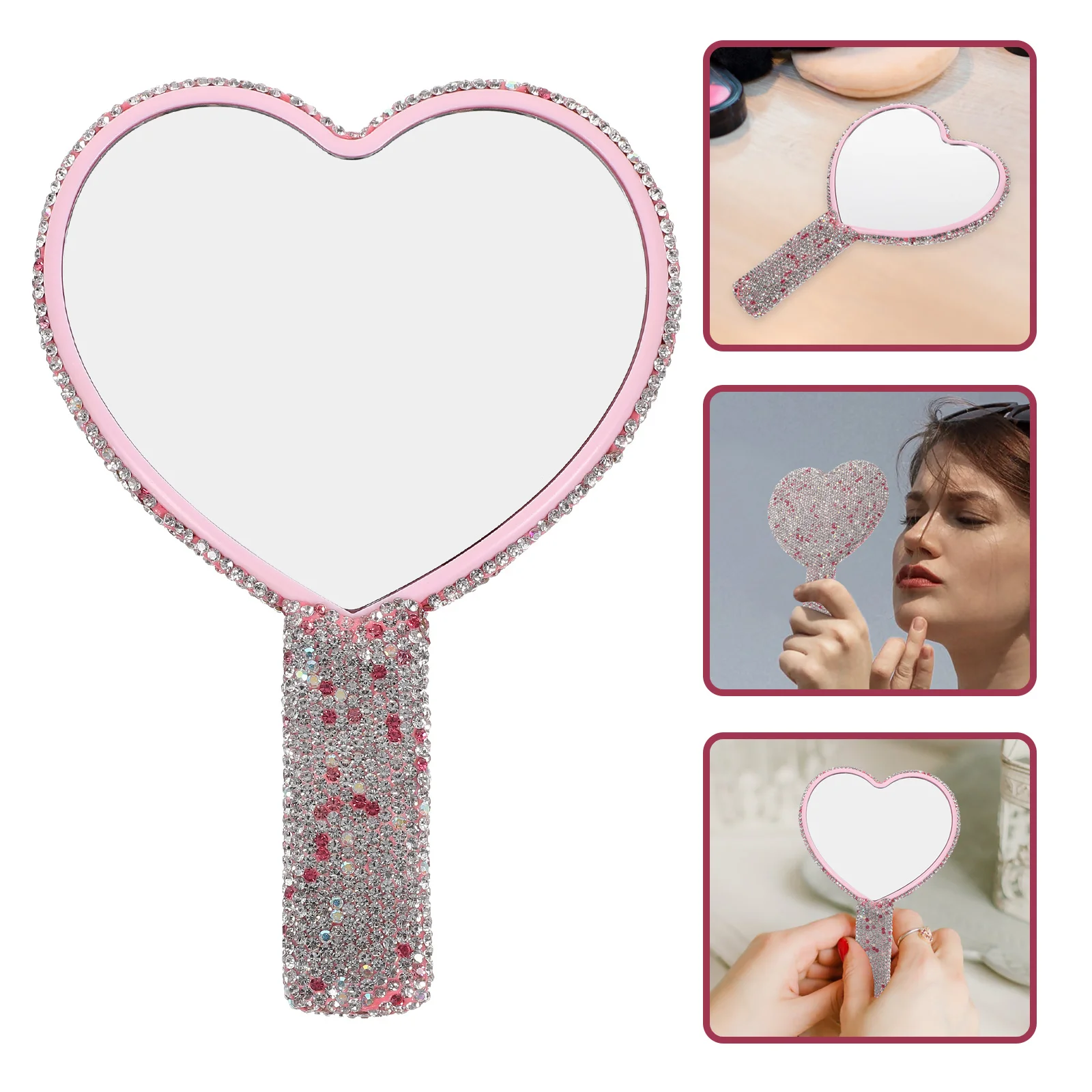 Heart Shaped Rhinestone Compact Purse Mirror Handheld with Handle Durable Mirror for Travel Makeup Touch Ups Makeup Compact