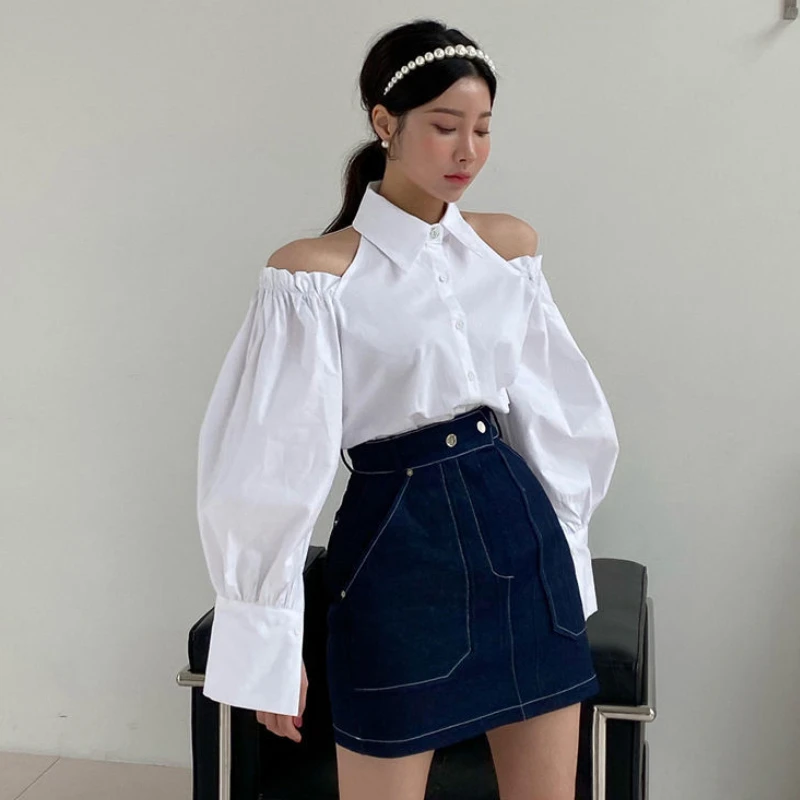 White Shirts Women Off Shoulder Long Sleeve Spring Tops All-match Solid Minimalist Tender Cute Sweet Preppy Korean Style Camisas