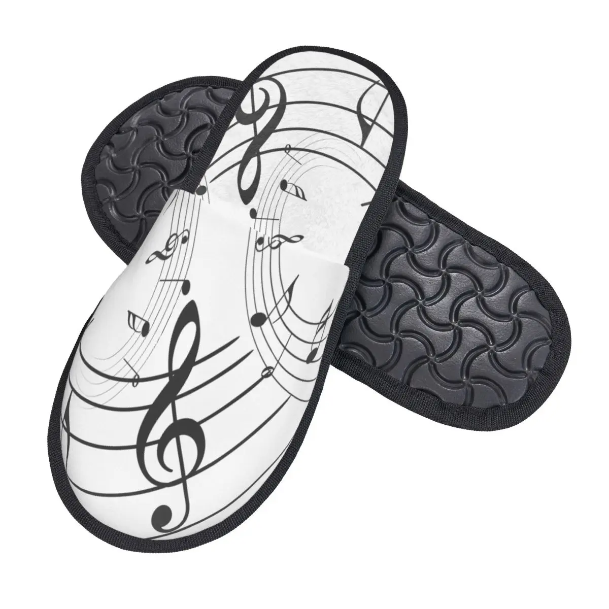Winter Women Men Non-Slip Flat Slippers Music Notes Print Indoor Fur Soft Warm Shoes