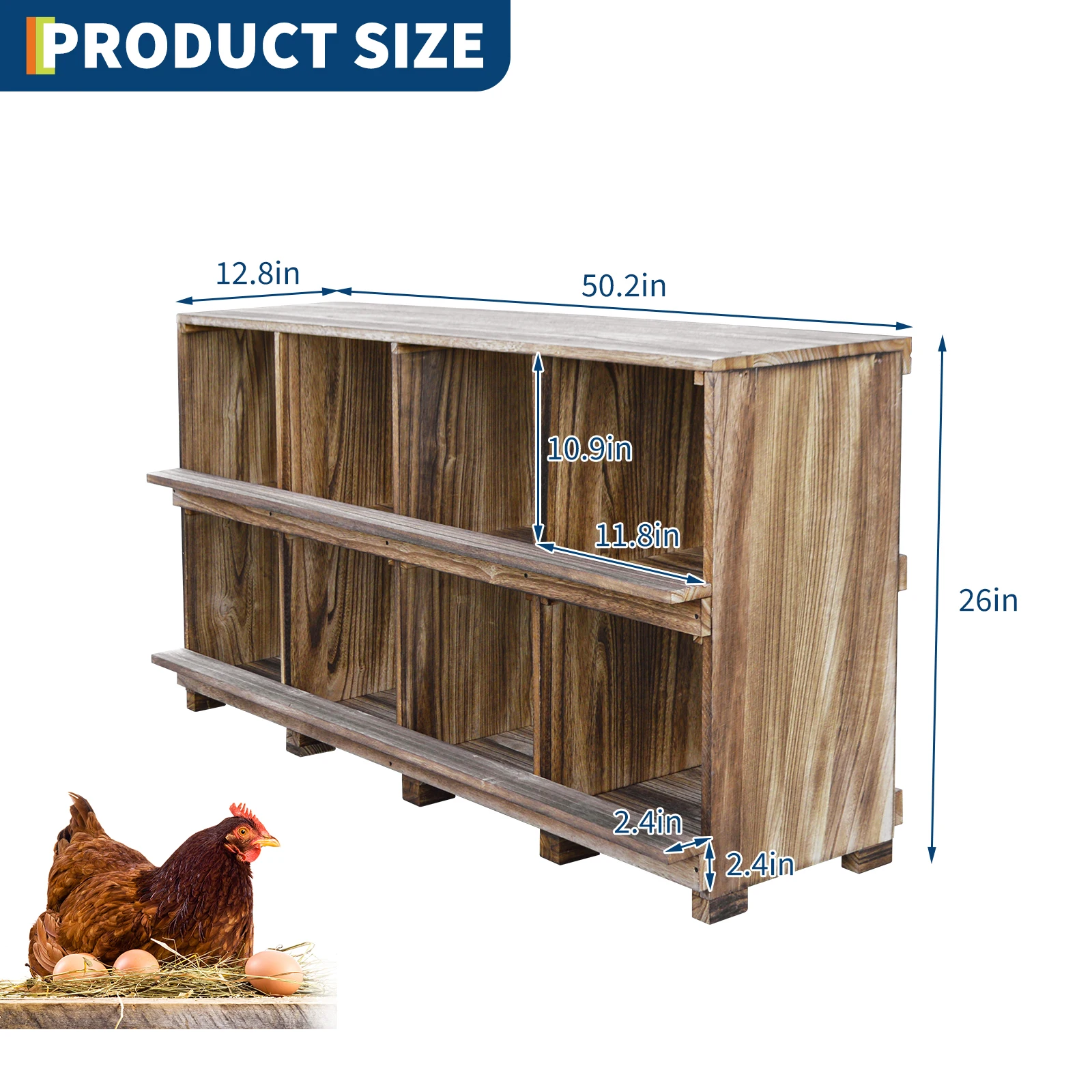 Wooden Chicken Nesting Box 8 Compartment Wall-Mounted with Perch, Solid Wood Laying Box for Hens, Prevents Egg Falls, Perfect for Backyard & Farm Coops