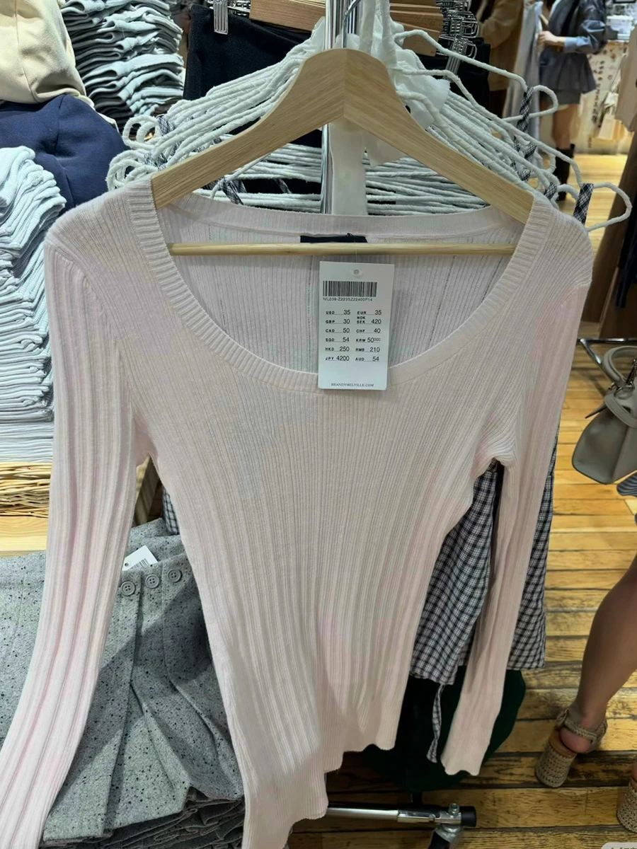 حفرة مخطط محبوك الوردي سليم طويل تي شيرت المرأة الجديدة مضلع U طوق كم طويل البلوز ملابس الشارع الشهير بسيط الحلو تيز القمم