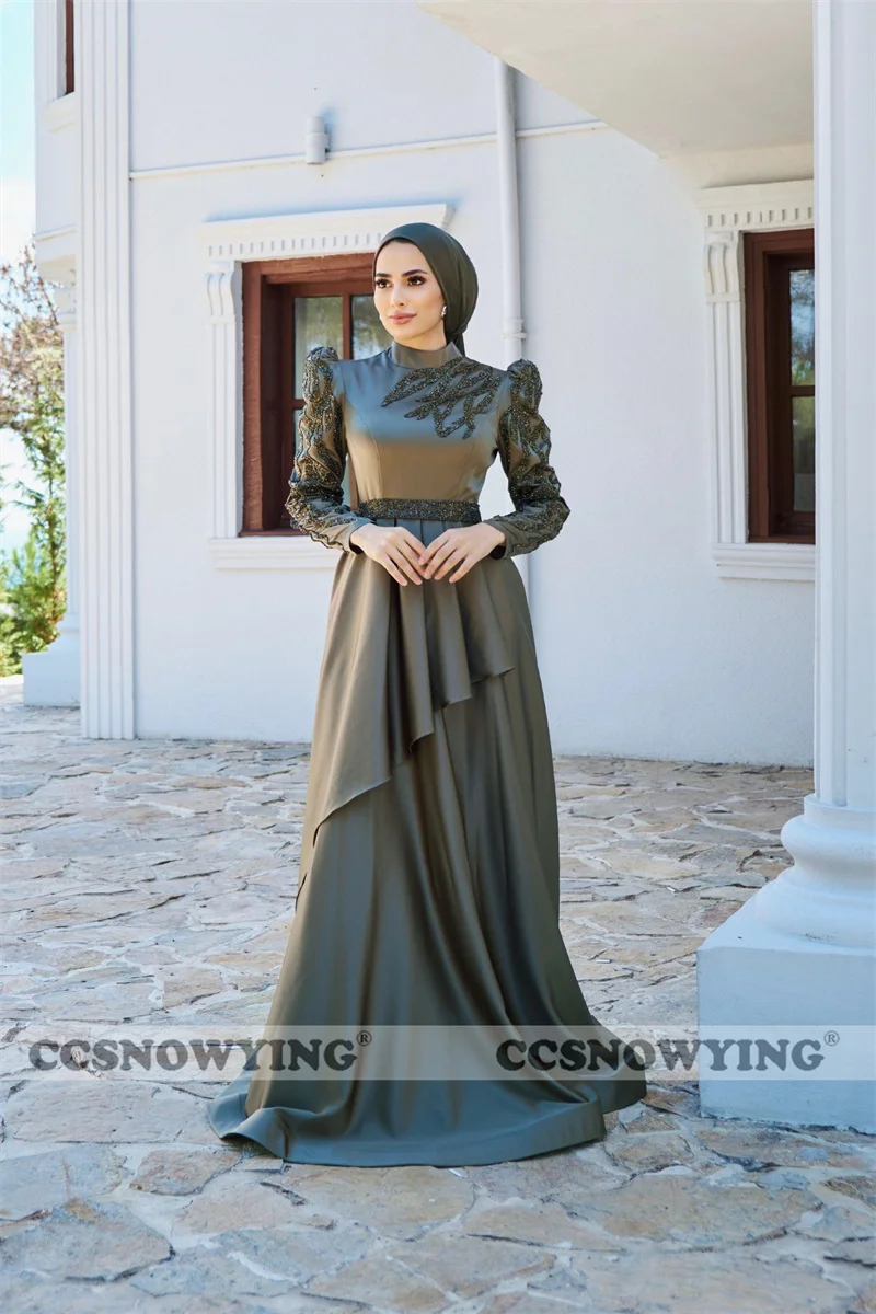 

Stain Beaded Muslim Evening Dress Islamic Long Sleeve Hijab Prom Formal Party Gown Arabic Dubai Women A Line Moroccan Caftan