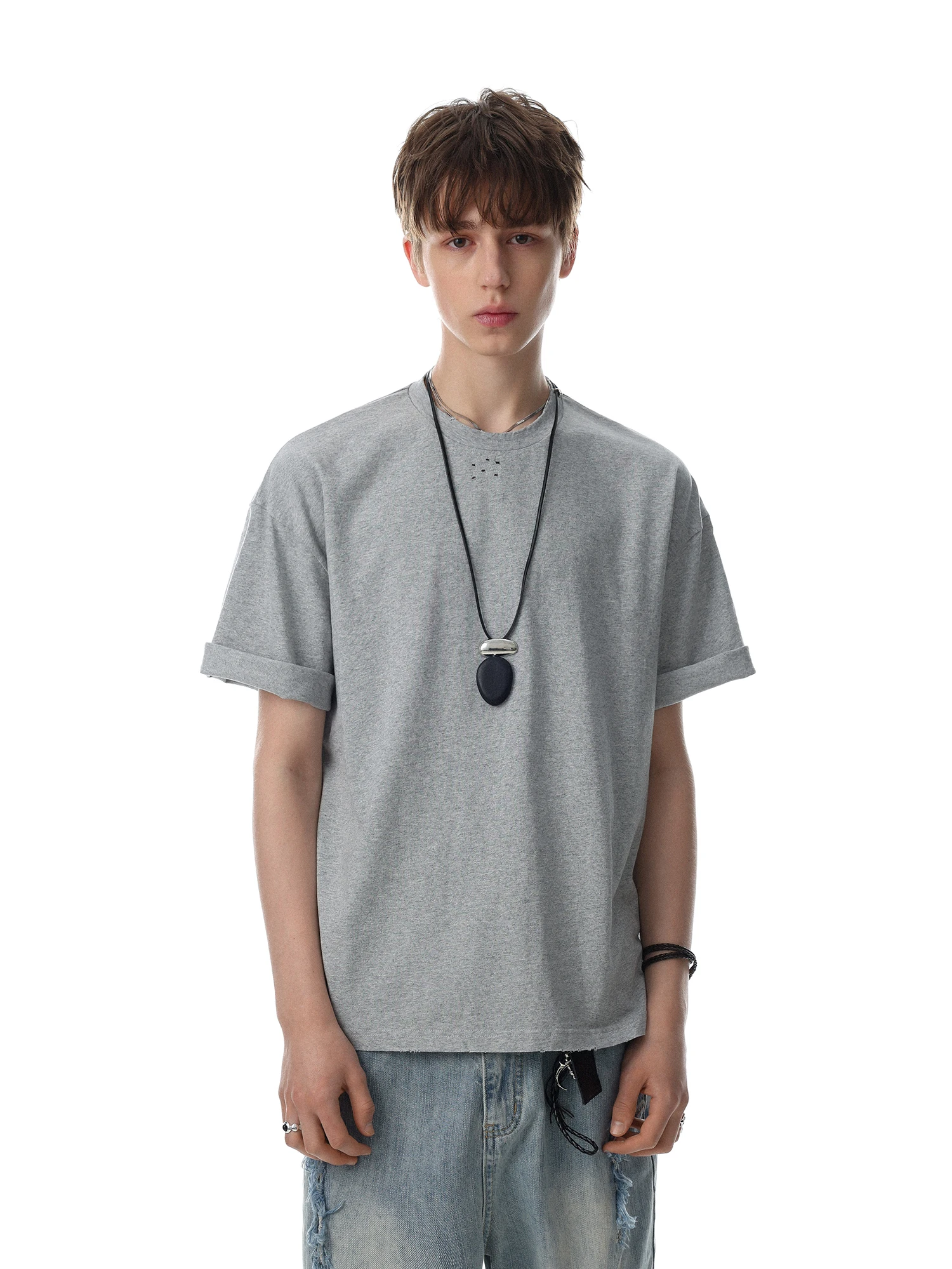 MRNEARLY American Retro Casual  Color Short Sleeve T-Shirt Men's Loose Simple Hole Upper Body Cotton Spring Summer