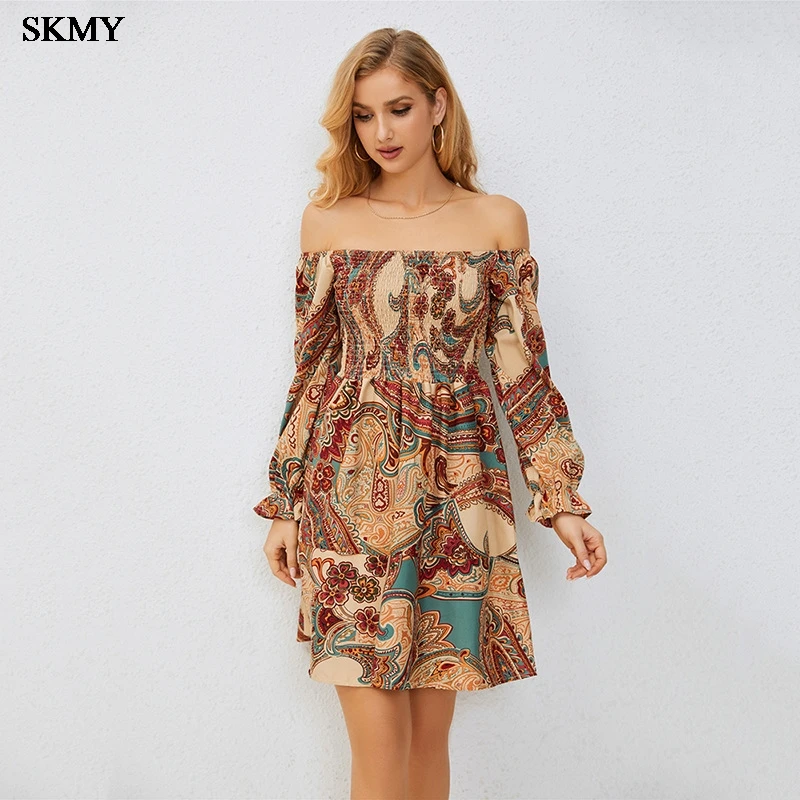 SKMY Women's 2024 Autumn/Winter Fashion Printed Off Shoulder Elastic Belt Princess Sleeve Sexy Short Skirt Rock Damen