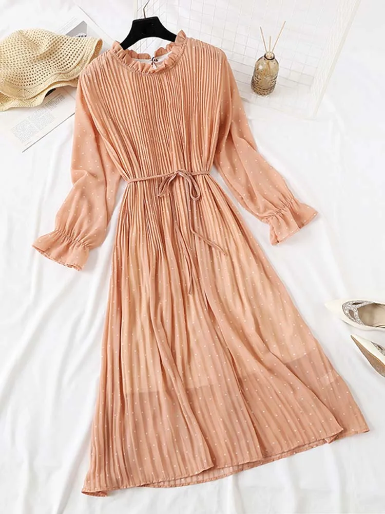 2023 Summer Women Ruffled Long-Sleeved Chiffon Dress High Waist Floral Broken Flower Beach Midi Dresses Pleated Vestidos