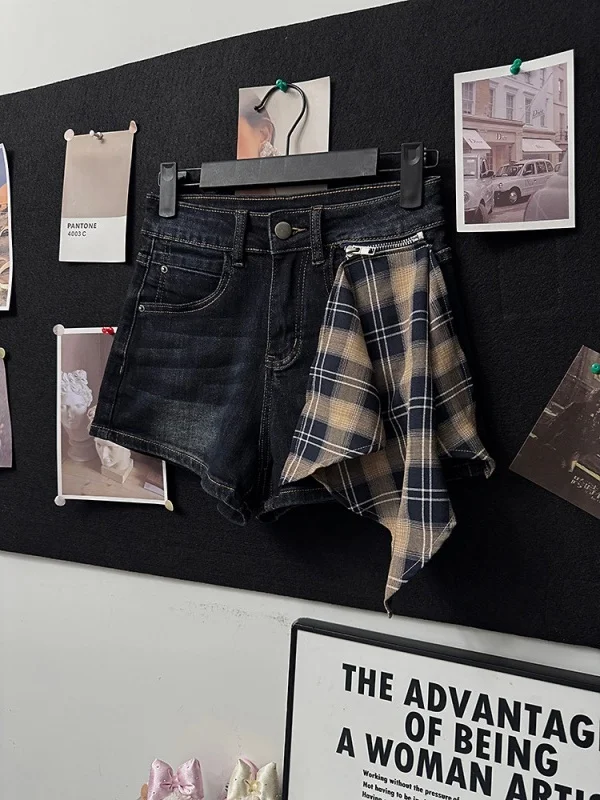 

Retro American Slim Fit Denim orts Women's Summer Detachable Plaid Sa New Sle Versatile Hot Pants High Waist P...