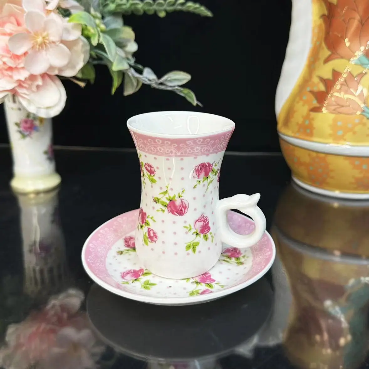 Middle Eastern style concentrated cup plate European rose patterned ceramic coffee cup plate set exotic style
