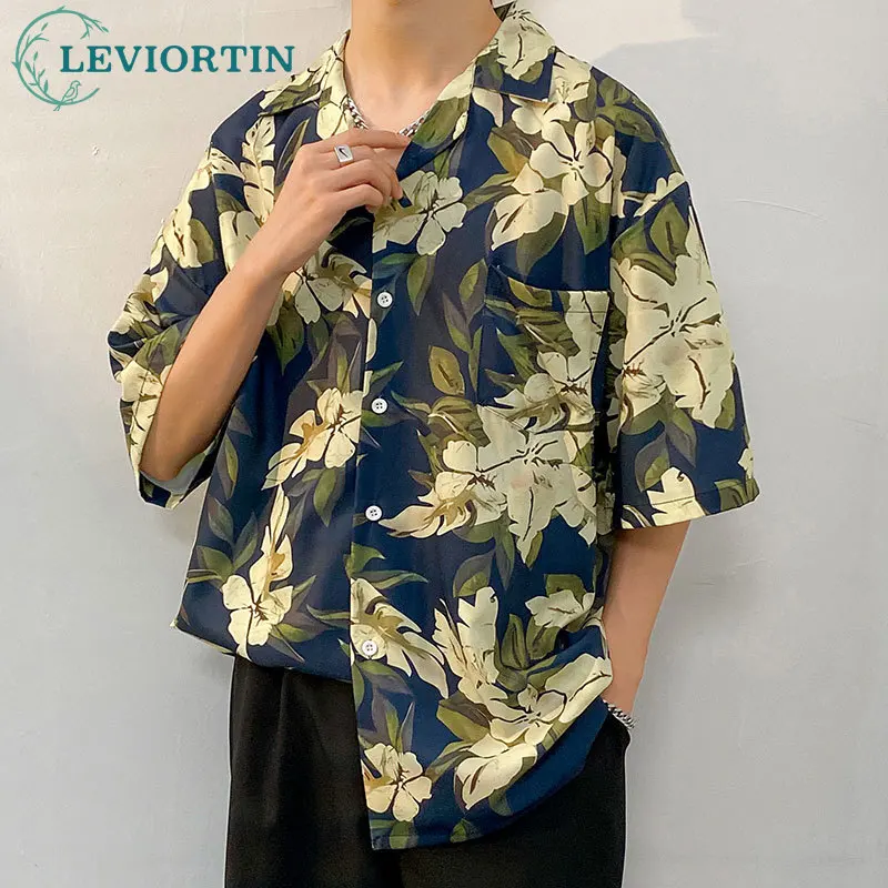 Summer Ice Silk Hawaiian Beach Blouse Men's Short Sleeve Tops High Street Flower Print Shirts Versatile Loose Couple Streetwear
