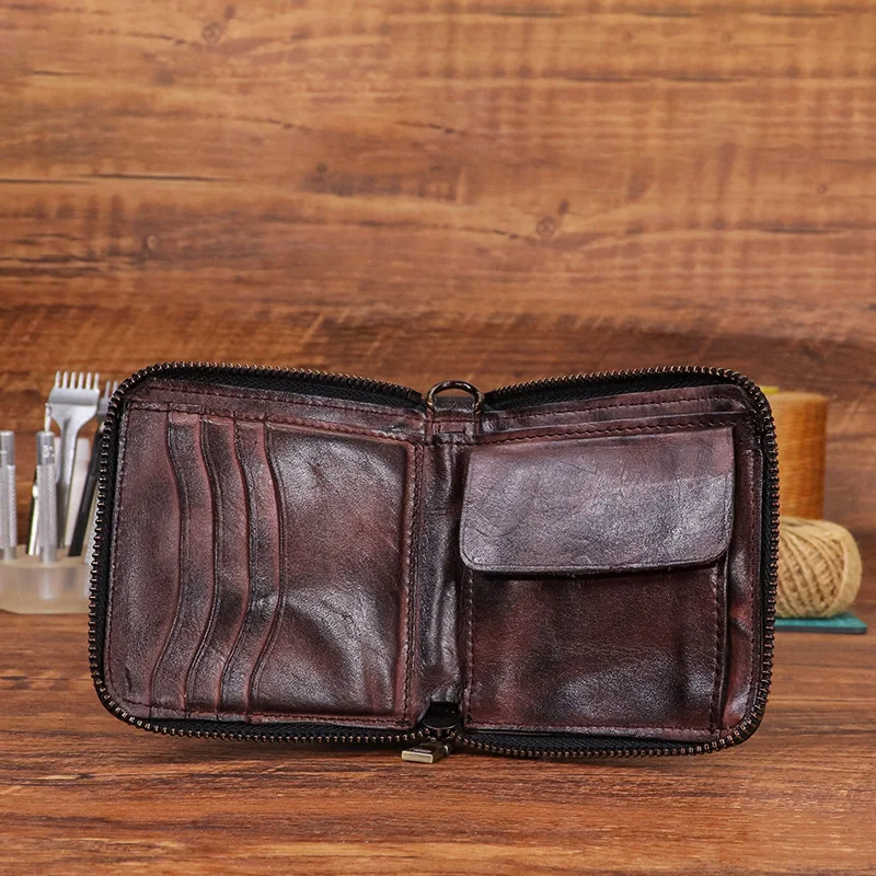 Men's short genuine leather wallet, three-fold large-capacity multi-functional coin purse, zipper women's wallet