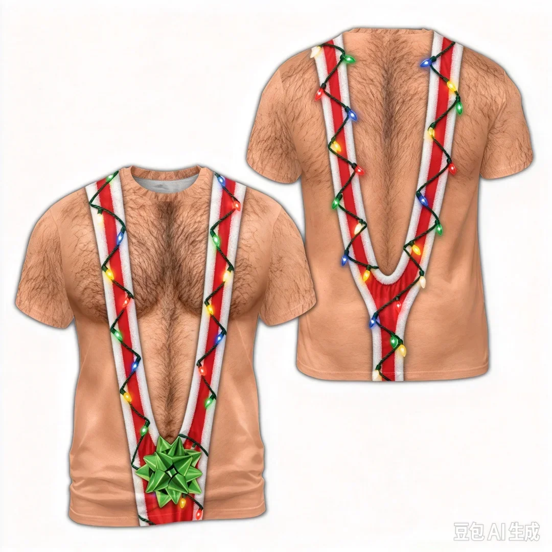 Funny Muscle Pattern 3D Men's Short-Sleeved T-Shirt Santa Mankini Shirt Christmas Illusion Ugly Christmas Party Men's Clothing