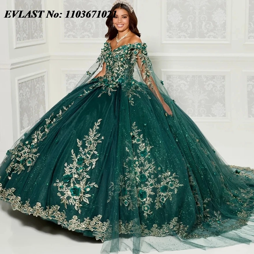 EVLAST-Vestido Princesa Verde Esmeralda, Vestido Quinceanera, Aplique Dourado de Renda, Frisado com Capa, Sweet 16, SQ236, 15 Anos