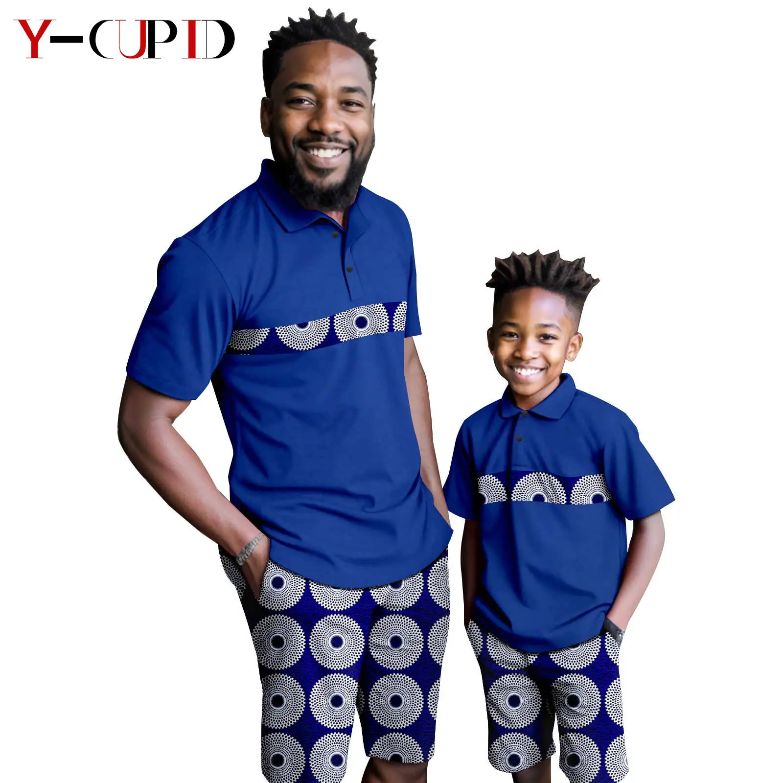 

African Clothes Matching Father and Son Dashiki Print Top Shirt and Short Pants Sets Bazin Riche Outwear Men Outfits Y23F004