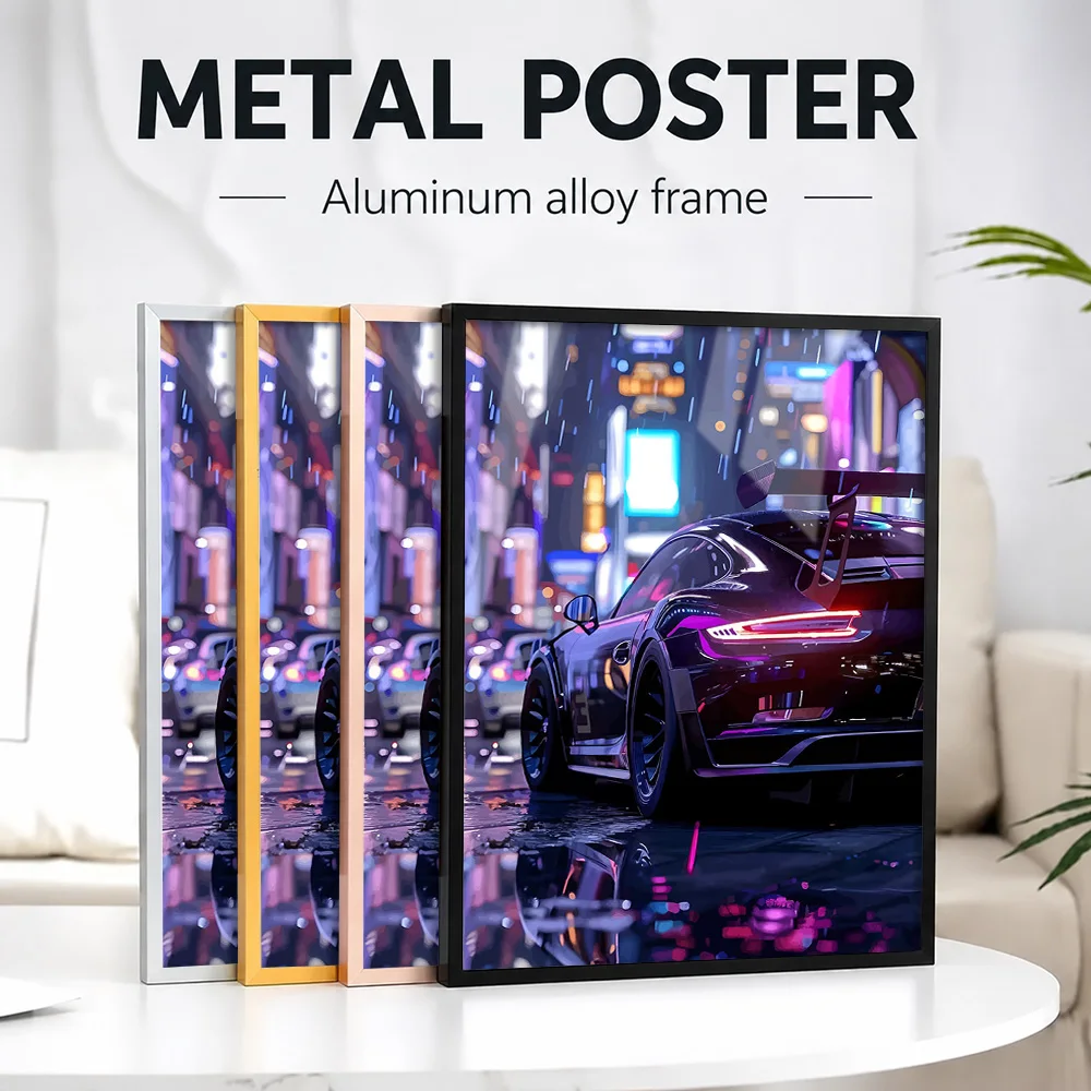 Sleek Car In Rainy Cityscape Metal Poster With Aluminum Alloy Frame Personalized Photo High Contrast Style Wall Art For Garage