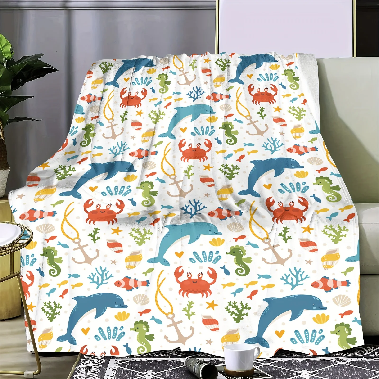 1pc Vibrant Marine Life Flannel Throw Blanket - Cozy, Soft, and Warm with Dolphins, Crabs, and Sea Plants Print - Ideal for Couc
