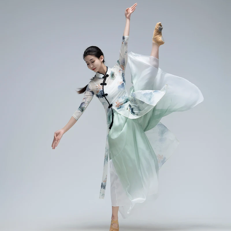 Traje de danza clásica para mujer, traje de práctica de danza china elástico elegante, traje de baile Cheongsam corporal