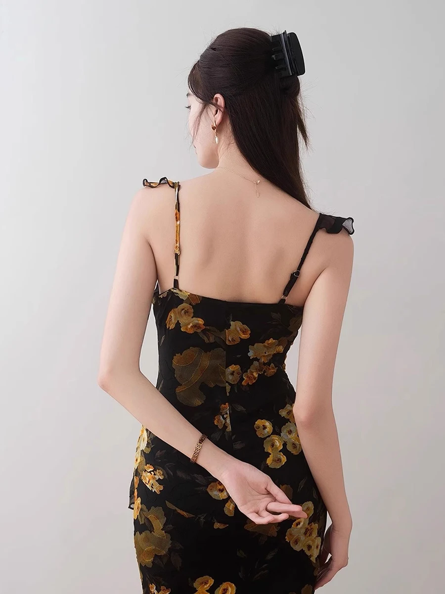 REDDACHiC Estate Boho Maxi Abito Lungo Donna Chiffon Floreale Collo Quadrato Canotta Increspato Split Sirena Vestito Estivo Abiti Estivi