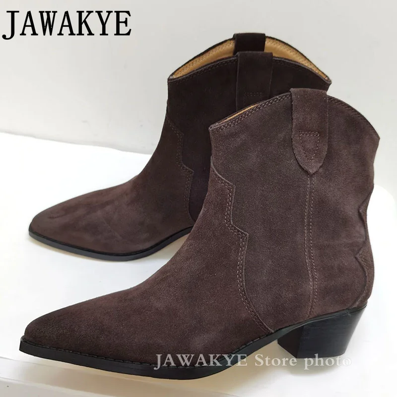 Botki damskie ze szpiczastym noskiem w stylu Vintage buty klinowe zamszowe skórzane damskie designerskie buty zachodnie Chelsea Boots Botas Mujer