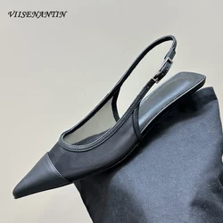 Elegant Lady Pointed Toe Kitten Heel Women Shoe Breathable Mesh Patchwork Silk Leather Shallow Buckle Strap Slingback Dress Shoe