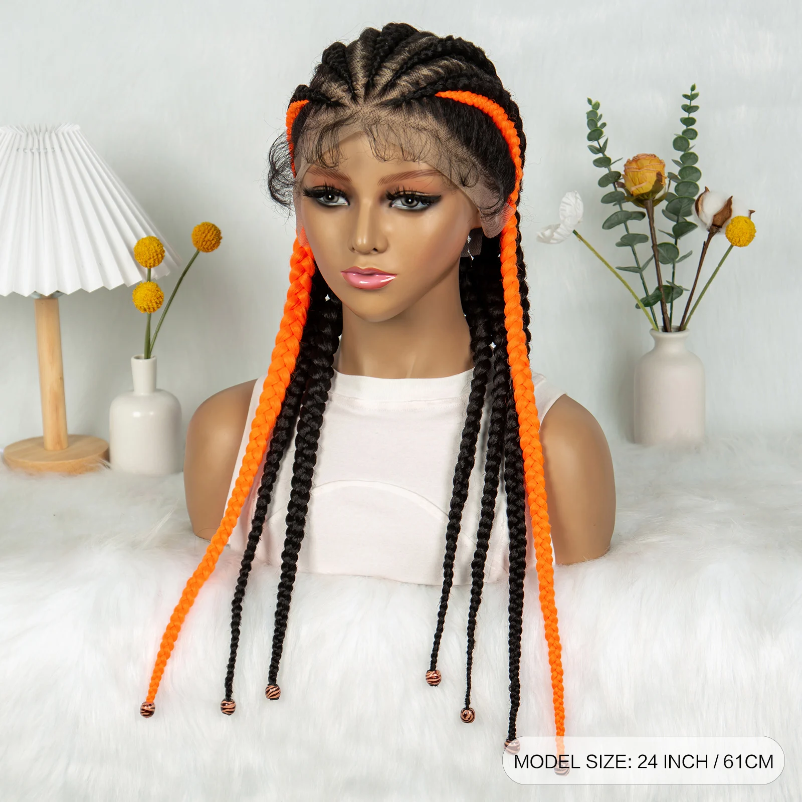 1B-برتقالي كورنو شعر مستعار مضفر الاصطناعية كامل الدانتيل مضفر الدانتيل الباروكات مع شعر الطفل الدانتيل الجبهة Knotless الضفائر الباروكات للنساء