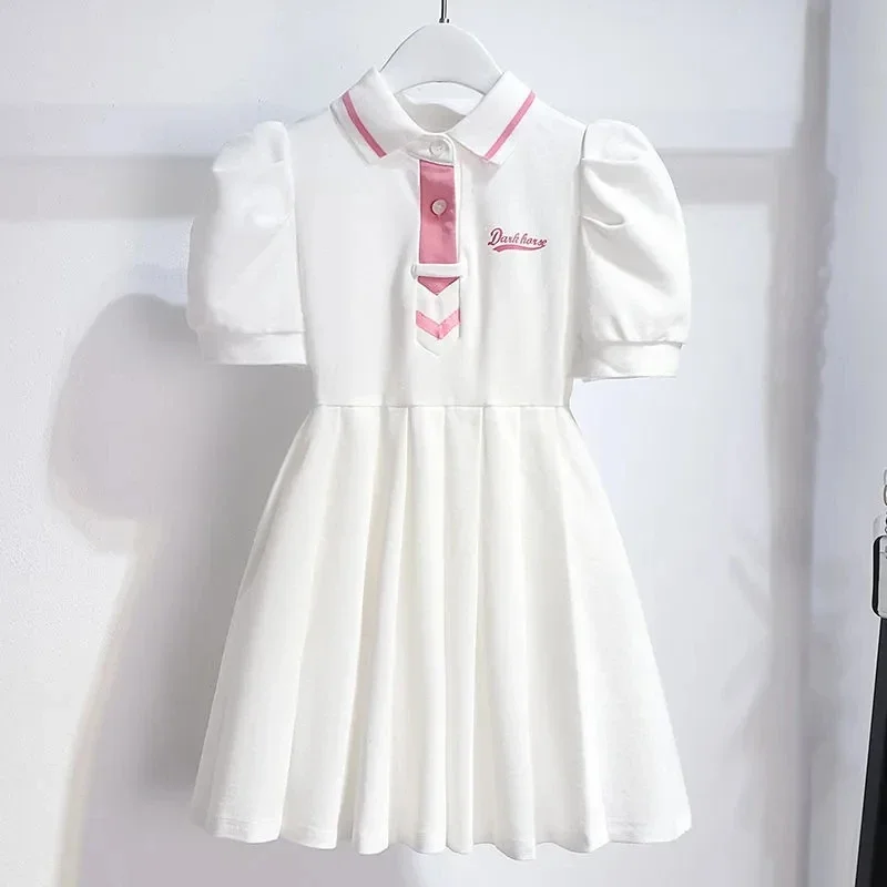 4-15Y Girls Dress Summer 2025 New Teenage Girls' Bubble Sleeve Academy Style Polo Dress Children's Korean Version Dress