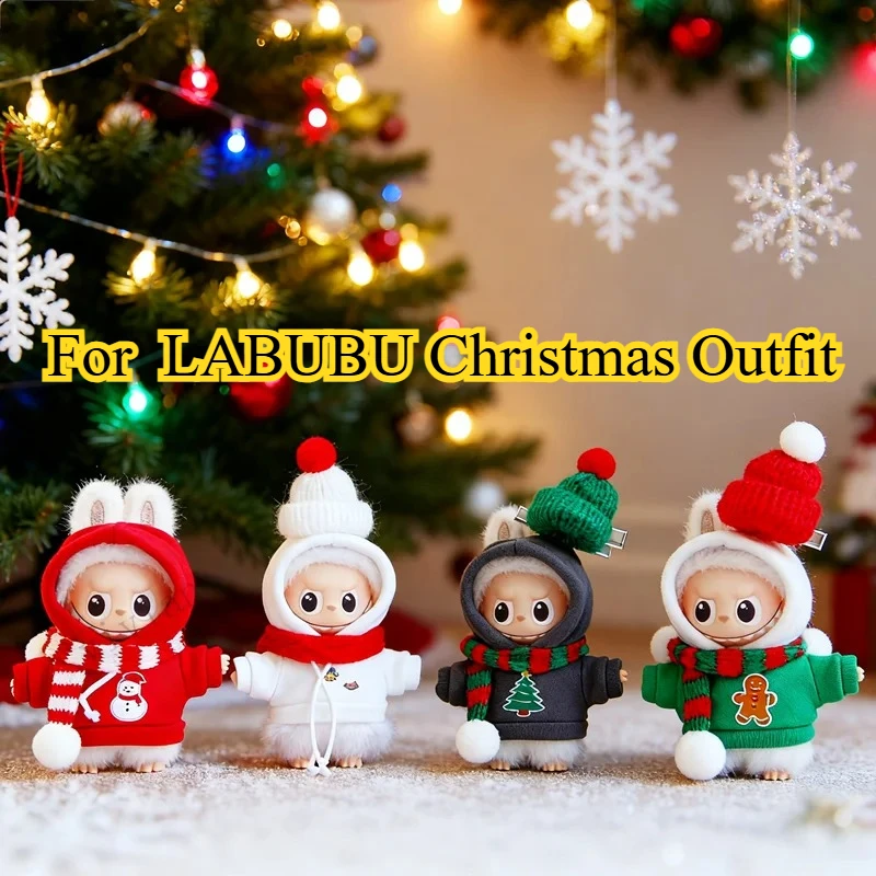 

Christmas Sweater with Hat Hairpin Scarf for Labubu 4.0 Cute Hooded Sweatshirt Clothing for 10cm Labubu V4 Dolls Accessories