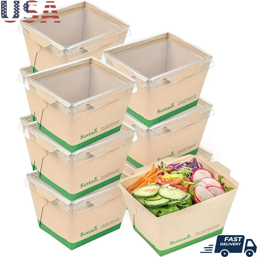 

Sustainable 17oz Bamboo Paper Take Out Containers 50 Disposable Food Boxes Greaseproof Click Lock Design Compostable Lids Sold