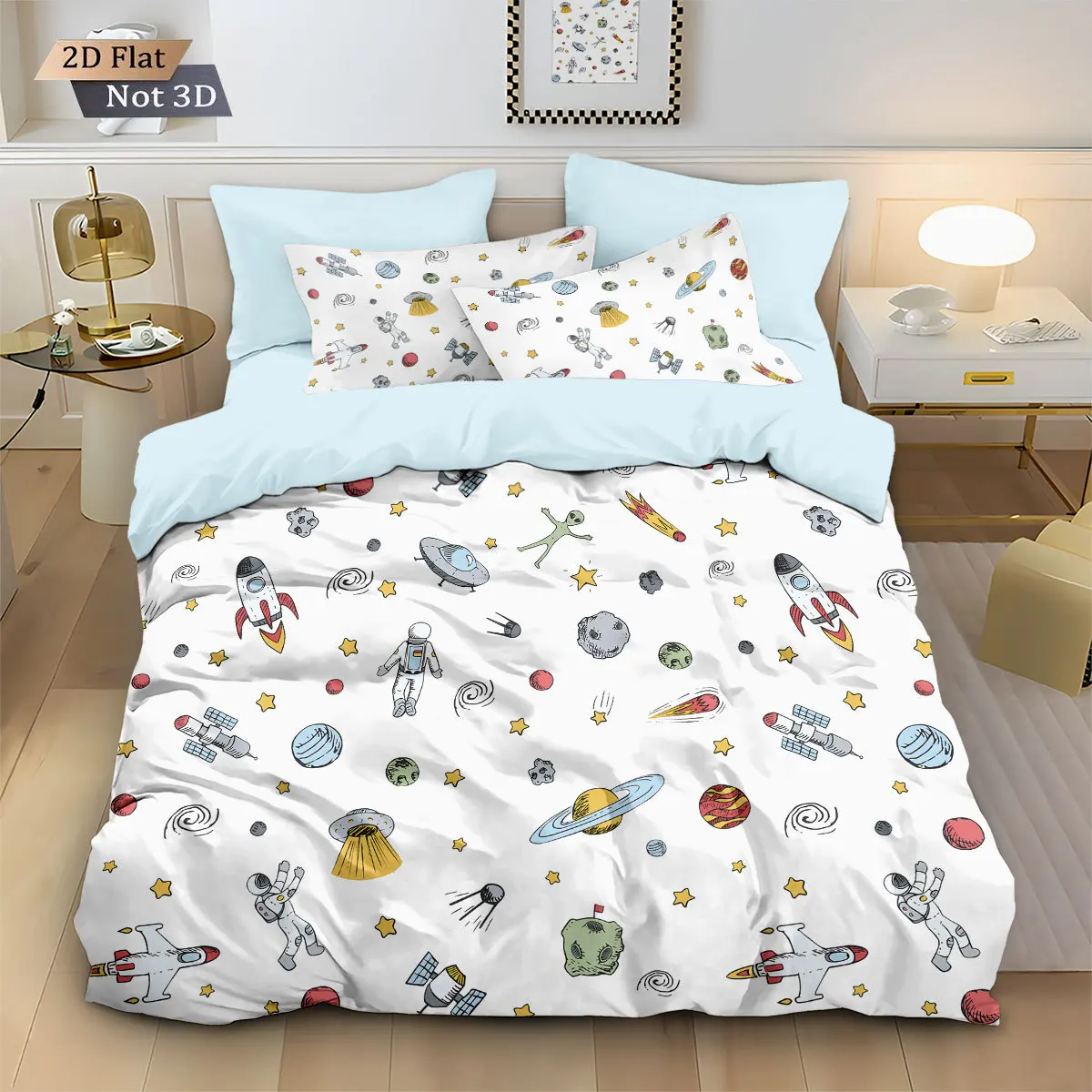 Cute Cartoon Astronaut Duvet Cover Set 2pcs,Queen Size Space Planet Printed Bedding Comforter Covers Set with Pillowcase 75*50cm