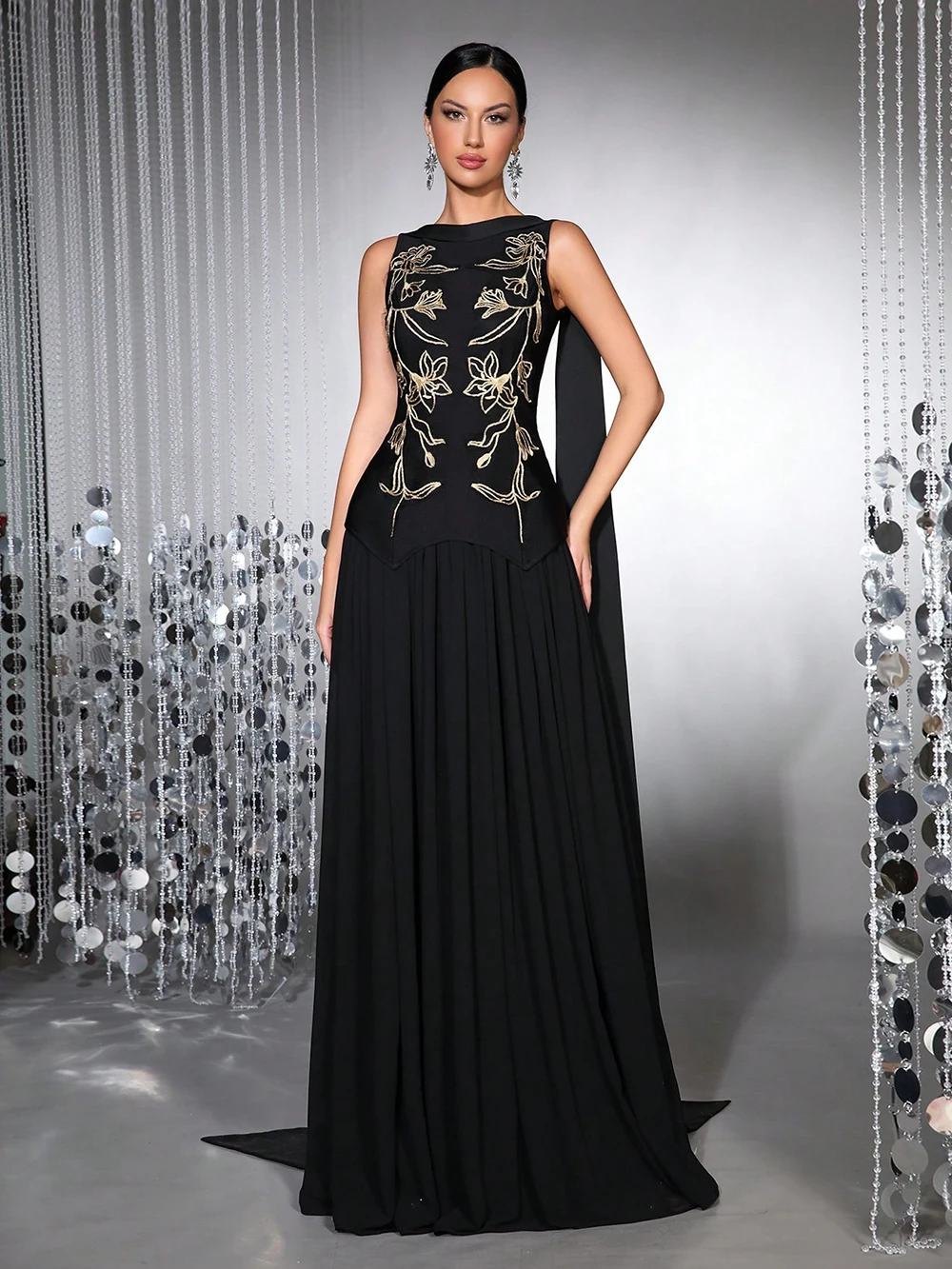 Modphy High-Quality Black Embroidered Ribbon Slim Fit 2-Piece Dress For Women'S Sleeveless Elegant Celebrity Evening Party Gowns