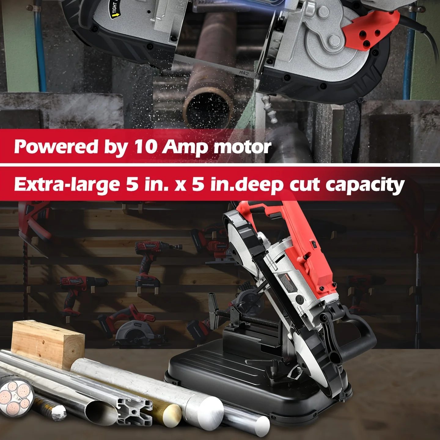 PowerSmart Portable Band Saw with Removable Alloy Steel Base, 10Amp 1100W Motor 5-Inch Deep Cut Bandsaw for Metal Wood