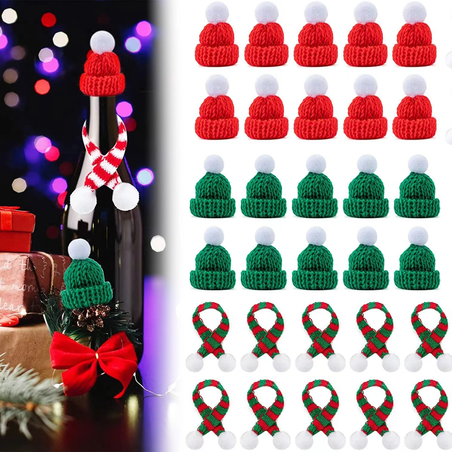 Gestrickte Weihnachtsmütze, Mini-Weinflasche, Weihnachtsdekoration, Schal, Wolle, Ornament, DIY-Handwerk für Urlaub, Tischdekoration