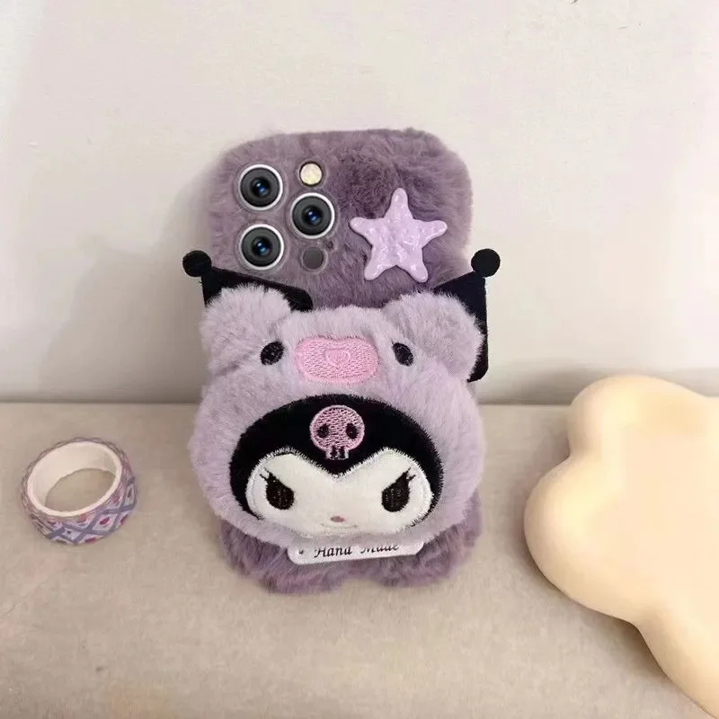 Cartoon Cute Animation Sanrio Kuromi Plush Phone Soft Case for IPhone 12 13 14 15 16 Pro Max Case Plush Winter Kawaii Gift