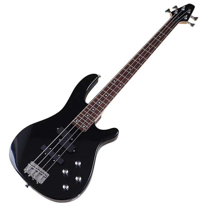 Electric Bass Guitar with Okoume Body, 4 Strings, Wood Guitar, Black, Natural Red Color, High Gloss Finish, 43 Inch