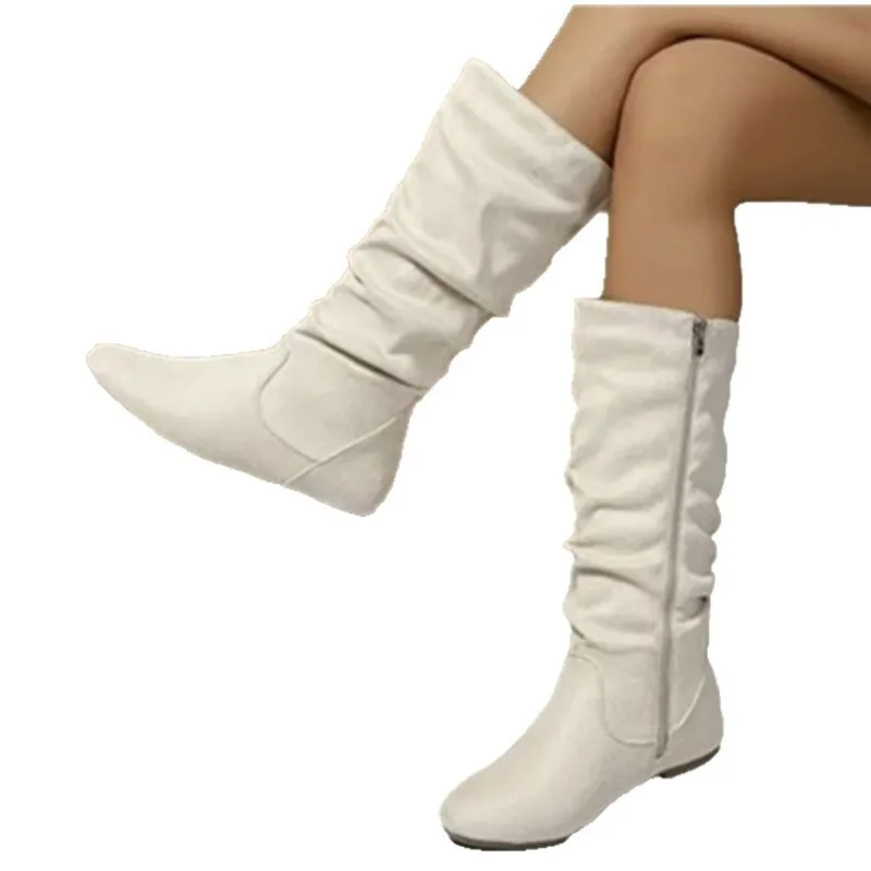 Autumn/Winter Women flat Low-heel knee-high boots New Fashionable Slimming Pleated suede side zipper Knight Boots Botas Mujer