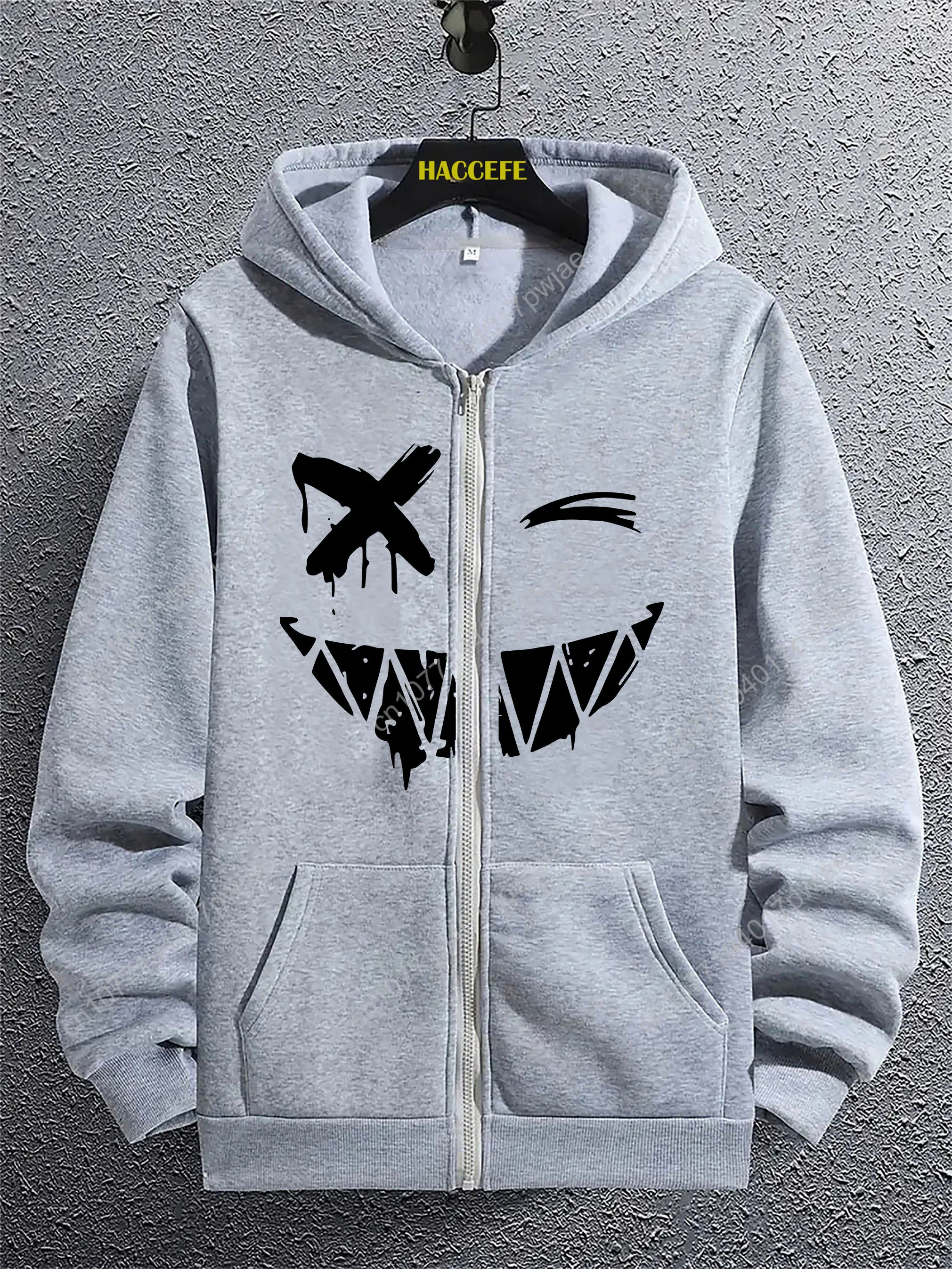 Sudadera con capucha de moda para hombre con estampado de sonrisa geométrica, sudadera informal con cremallera y bolsillo de canguro, Kni de poliéster de manga larga