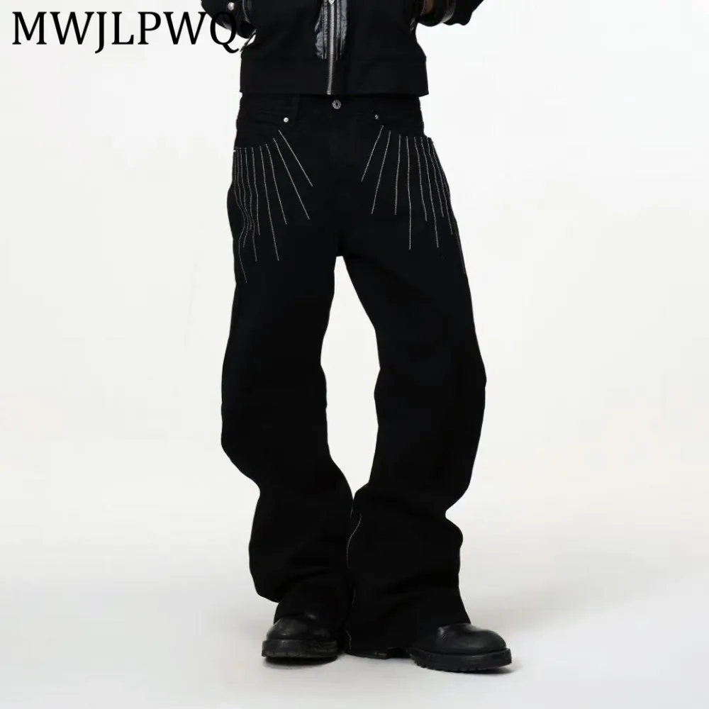 

MWJLPWQ Three-Dimensional Embroidered Stacked Curved Jeans For Men And Women High Street Washed Slimming Black Trousers 14601