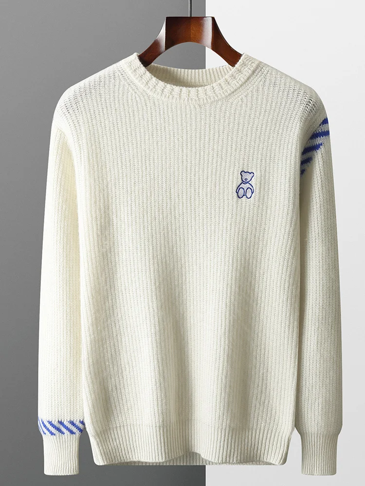

TLOML Men's 100% Merino Wool Knitwear O-neck Little Bear Jacquard Thicken Pullover Autumn Winter Soft Casual Cashmere Knit Tops
