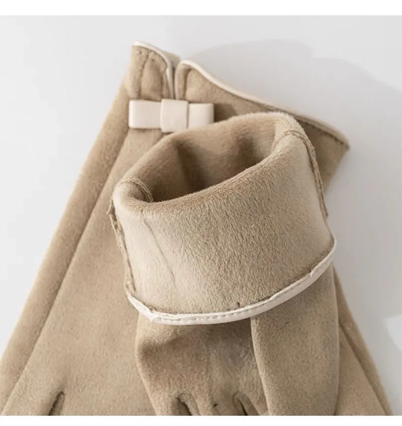 Fahion Suede Leather Bow Thicken Touch Screen Driving Warm Gloves For Sports Winter Outdoor Plus Velvet Cold Protection Women's