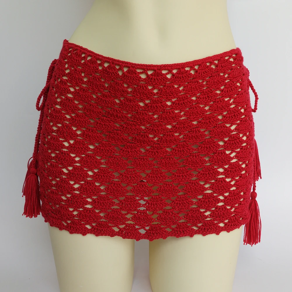 High Quality Bikini Cover Up Mini Skirt Beach Skirt Hollow Out Tassel Bandage Short Beach Skirt Cover-Ups 100% Handmade