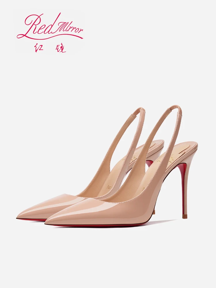 2025 new pointed red sole genuine leather nude single shoes, versatile for socialites, slim heels, empty toe high heels, sandals