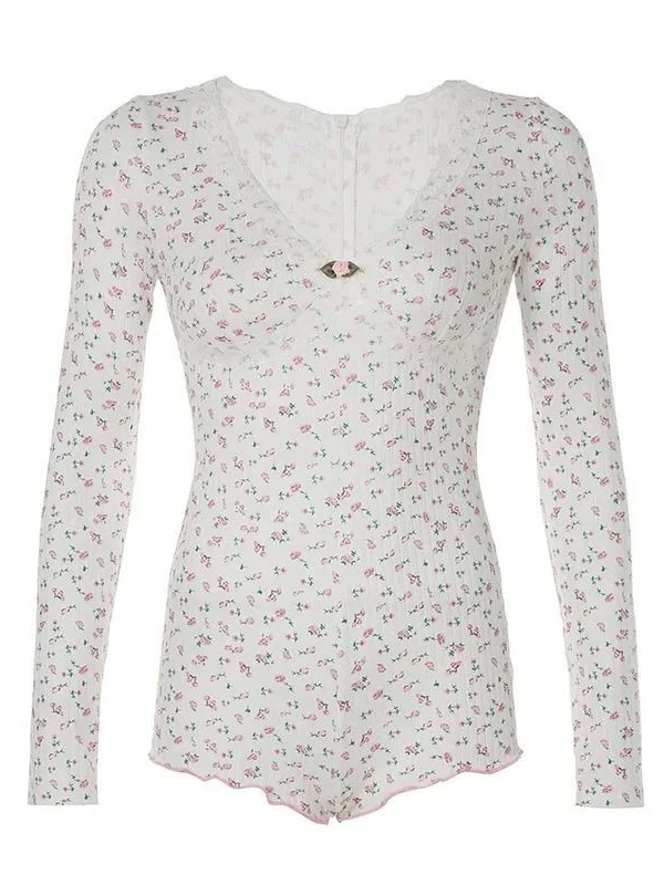 plus Size Pure Desire Lace Floral Print  Suit Long Sve V Ne Slimming Sexy Women's Ins Polyester Fiber High Wais...